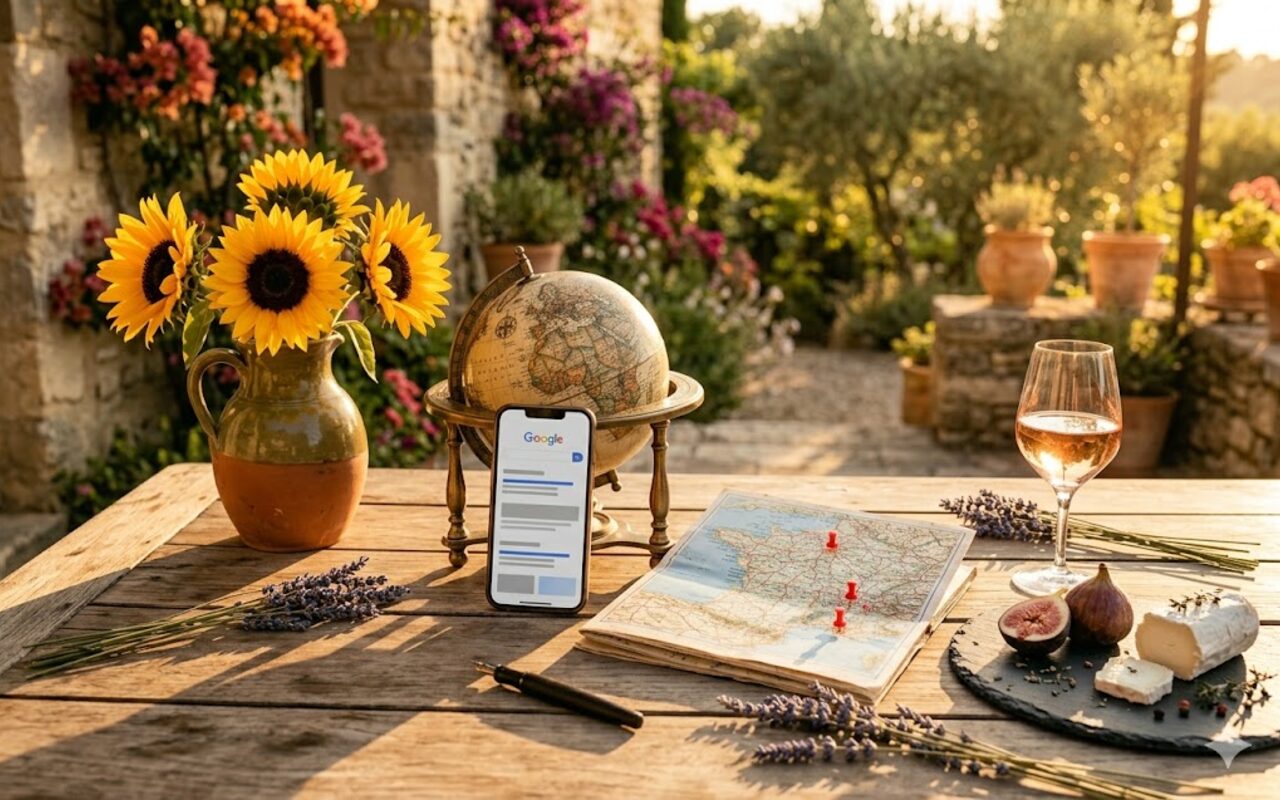 Terrasse provençale au coucher du soleil avec globe vintage, smartphone affichant une recherche Google, carte de France avec épingles, vase de tournesols et plateau de figues et fromage de chèvre